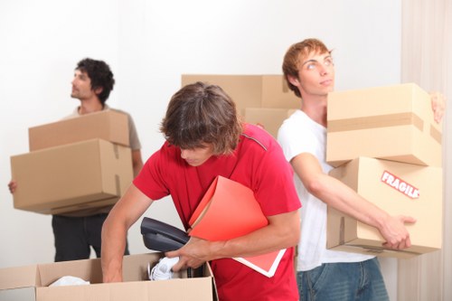 Packed office furniture and equipment ready for transport