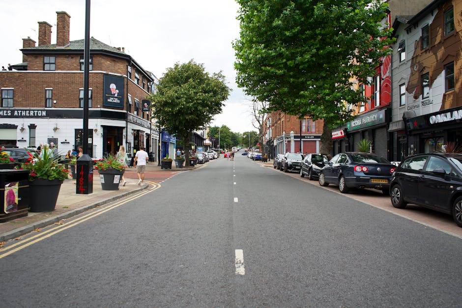 A quiet urban street scene during daytime shows a wide, paved road with a left-side pavement featuring large potted plants and a few pedestrians walking. On the right side, several parked cars line the curb, including black and silver vehicles, with some closer to the foreground and others further along the street. The buildings on both sides are a mix of brick and modern facades, with shopfronts, including a pharmacy and cafes, visible on the right. The street is lined with lush green trees providing partial shade, and a few people are seen walking or standing, suggesting a lively but calm atmosphere. This setting illustrates a typical town centre environment suitable for local house removals or furniture transport, as provided by Man with Van Slade Green, with the scene capturing the logistics of parking and street access involved in moving services, especially during home relocation or commercial removals and the loading process in a residential and commercial urban area.