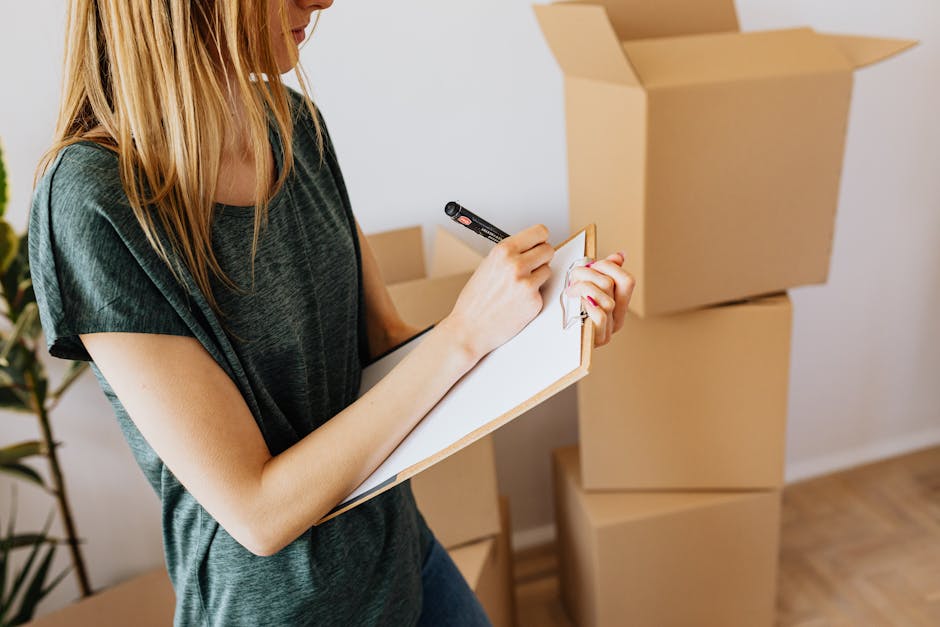 A person wearing a yellow T-shirt and blue jeans is standing indoors among several cardboard boxes, some of which are open while others are stacked in the background. The individual is holding a clipb